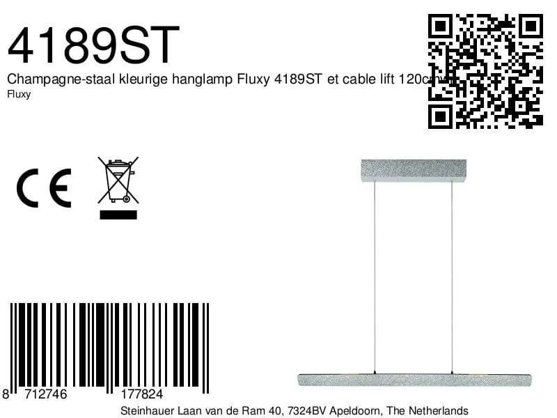 Champagne-staal kleurige hanglamp Fluxy 4189ST et cable lift 120cmwn - Afbeelding 9